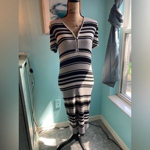 Women’s dress, below the knee. Black, silver & white, with silver zipper.